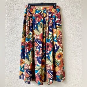 Vintage earthy boho floral pleated midi skirt